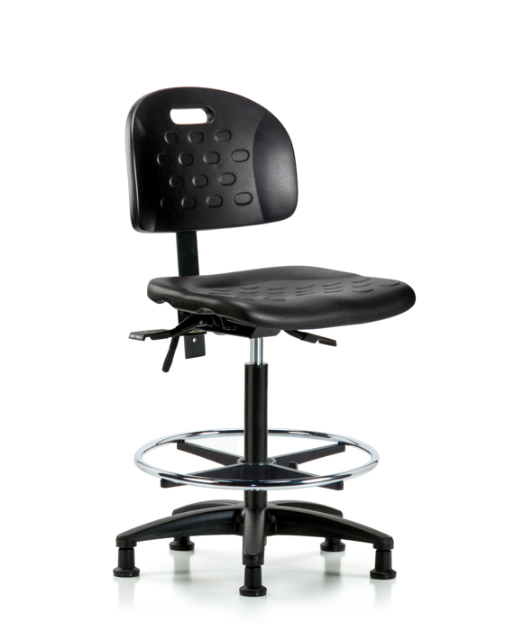 Blue Ridge Ergonomics HPHBCH-RG-T1-A0-CF-RG-BLK Newport Industrial Polyurethane Chair - High Bench Height with Seat Tilt, Chrome Foot Ring, & Stationary Glides in Black Polyurethane
