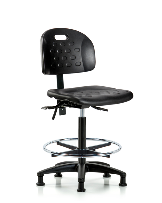 Blue Ridge Ergonomics HPHBCH-RG-T1-A0-CF-RG-BLK Newport Industrial Polyurethane Chair - High Bench Height with Seat Tilt, Chrome Foot Ring, & Stationary Glides in Black Polyurethane