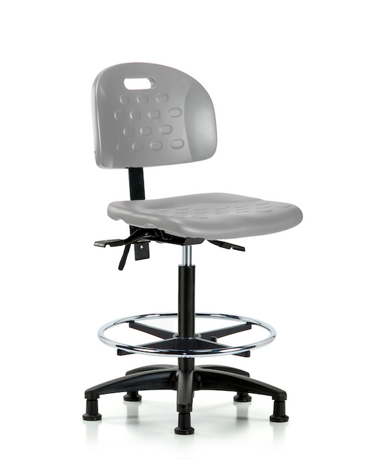 Blue Ridge Ergonomics HPHBCH-RG-T1-A0-CF-RG-GRY Newport Industrial Polyurethane Chair - High Bench Height with Seat Tilt, Chrome Foot Ring, & Stationary Glides in Gray Polyurethane