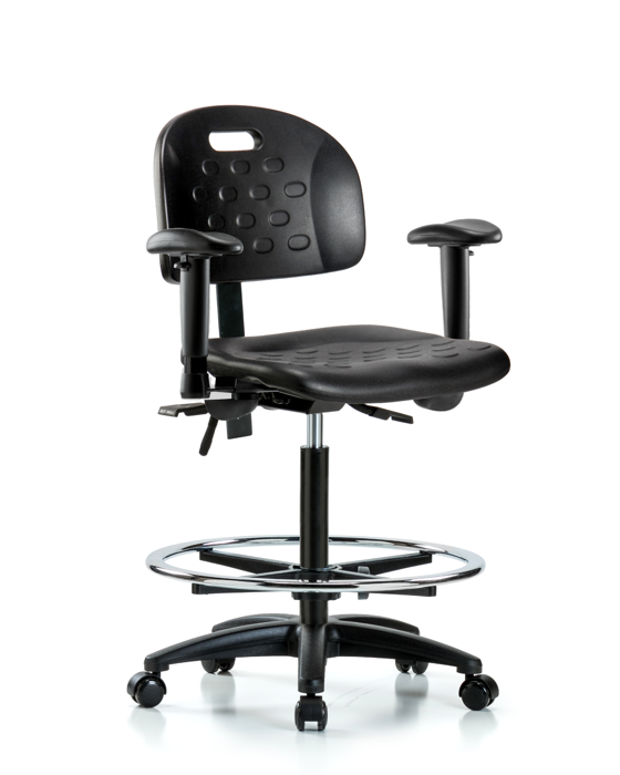 Blue Ridge Ergonomics HPHBCH-RG-T1-A1-CF-RC-BLK Newport Industrial Polyurethane Chair - High Bench Height with Seat Tilt, Adjustable Arms, Chrome Foot Ring, & Casters in Black Polyurethane