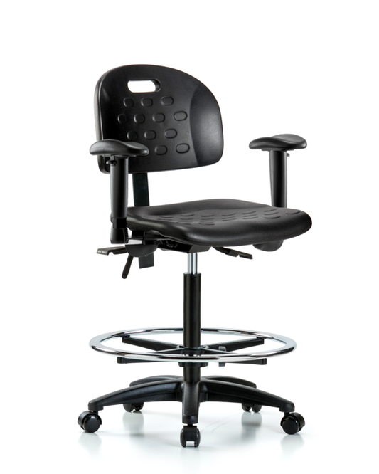 Blue Ridge Ergonomics HPHBCH-RG-T1-A1-CF-RC-BLK Newport Industrial Polyurethane Chair - High Bench Height with Seat Tilt, Adjustable Arms, Chrome Foot Ring, & Casters in Black Polyurethane