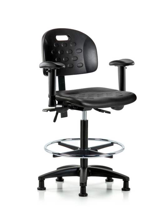 Blue Ridge Ergonomics HPHBCH-RG-T1-A1-CF-RG-BLK Newport Industrial Polyurethane Chair - High Bench Height with Seat Tilt, Adjustable Arms, Chrome Foot Ring, & Stationary Glides in Black Polyurethane