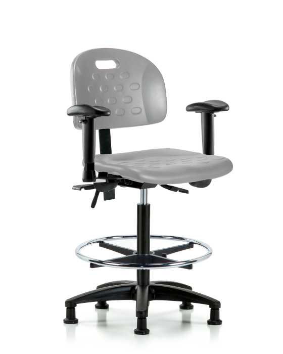 Blue Ridge Ergonomics HPHBCH-RG-T1-A1-CF-RG-GRY Newport Industrial Polyurethane Chair - High Bench Height with Seat Tilt, Adjustable Arms, Chrome Foot Ring, & Stationary Glides in Gray Polyurethane
