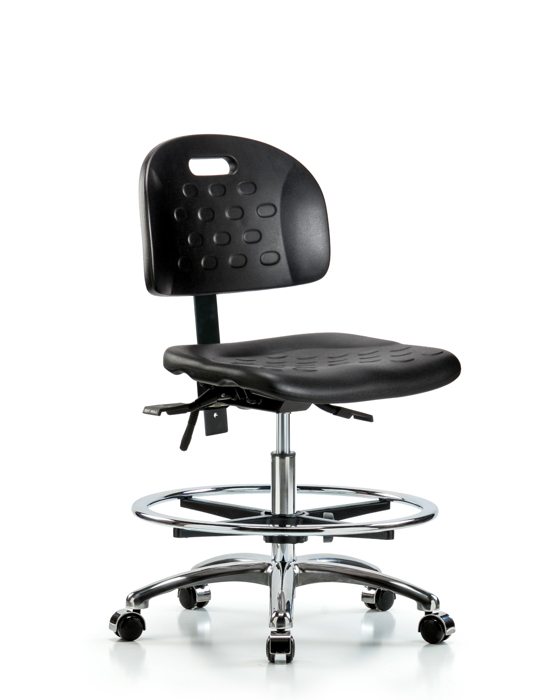 Blue Ridge Ergonomics HPMBCH-CR-T0-A0-CF-CC-BLK Newport Industrial Polyurethane Chair Chrome - Medium Bench Height with Chrome Foot Ring & Casters in Black Polyurethane