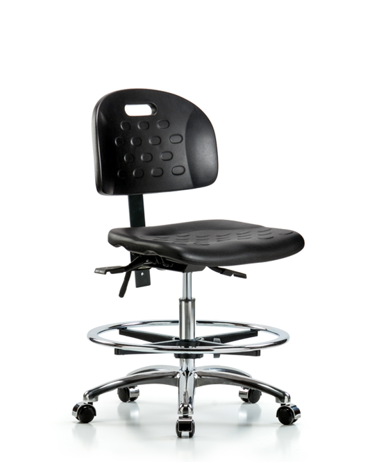 Blue Ridge Ergonomics HPMBCH-CR-T0-A0-CF-CC-BLK Newport Industrial Polyurethane Chair Chrome - Medium Bench Height with Chrome Foot Ring & Casters in Black Polyurethane