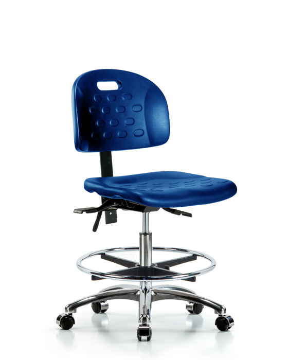 Blue Ridge Ergonomics HPMBCH-CR-T0-A0-CF-CC-BLU Newport Industrial Polyurethane Chair Chrome - Medium Bench Height with Chrome Foot Ring & Casters in Blue Polyurethane