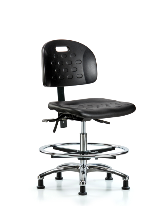 Blue Ridge Ergonomics HPMBCH-CR-T0-A0-CF-RG-BLK Newport Industrial Polyurethane Chair Chrome - Medium Bench Height with Chrome Foot Ring & Stationary Glides in Black Polyurethane
