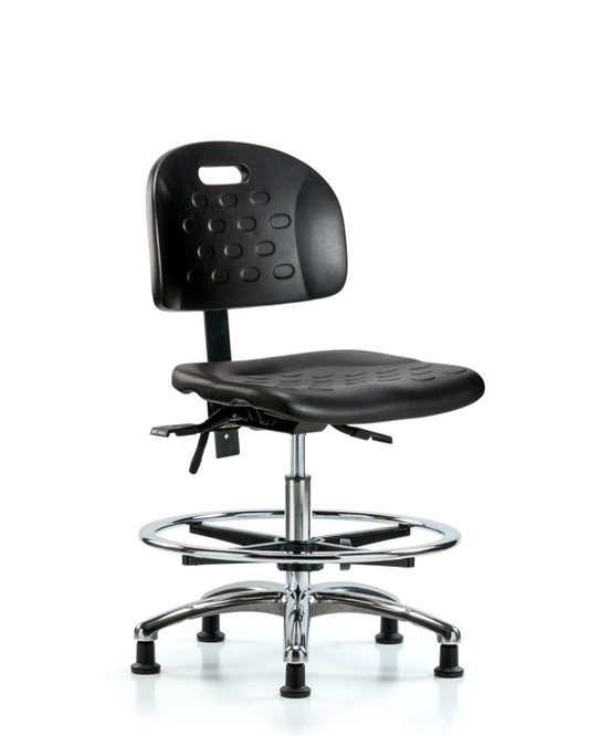 Blue Ridge Ergonomics HPMBCH-CR-T0-A0-CF-RG-BLK Newport Industrial Polyurethane Chair Chrome - Medium Bench Height with Chrome Foot Ring & Stationary Glides in Black Polyurethane