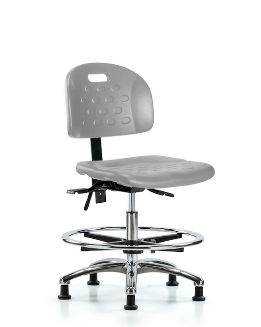 Blue Ridge Ergonomics HPMBCH-CR-T0-A0-CF-RG-GRY Newport Industrial Polyurethane Chair Chrome - Medium Bench Height with Chrome Foot Ring & Stationary Glides in Gray Polyurethane