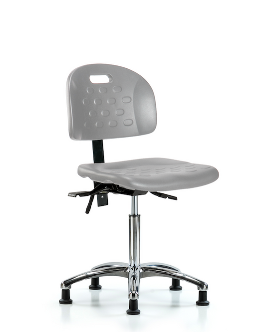 Blue Ridge Ergonomics HPMBCH-CR-T0-A0-NF-RG-GRY Newport Industrial Polyurethane Chair Chrome - Medium Bench Height with Stationary Glides in Gray Polyurethane