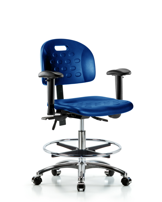 Blue Ridge Ergonomics HPMBCH-CR-T0-A1-CF-CC-BLU Newport Industrial Polyurethane Chair Chrome - Medium Bench Height with Adjustable Arms, Chrome Foot Ring, & Casters in Blue Polyurethane