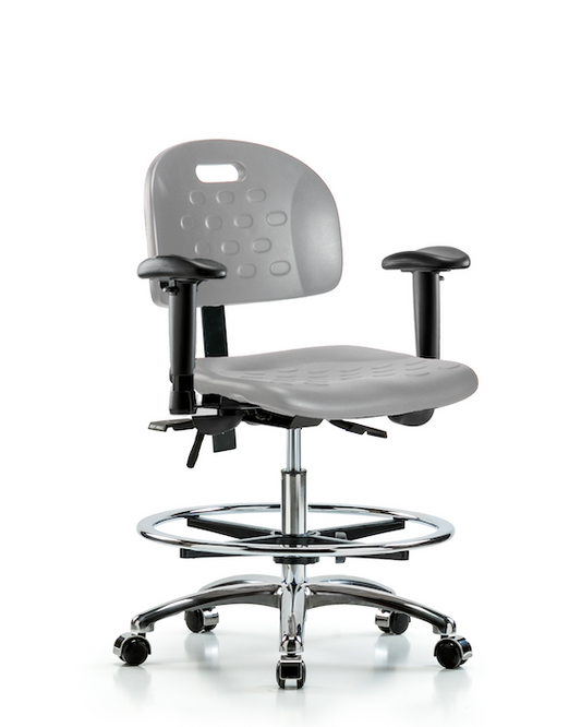 Blue Ridge Ergonomics HPMBCH-CR-T0-A1-CF-CC-GRY Newport Industrial Polyurethane Chair Chrome - Medium Bench Height with Adjustable Arms, Chrome Foot Ring, & Casters in Gray Polyurethane