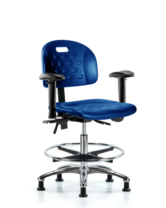 Blue Ridge Ergonomics HPMBCH-CR-T0-A1-CF-RG-BLU Newport Industrial Polyurethane Chair Chrome - Medium Bench Height with Adjustable Arms, Chrome Foot Ring, & Stationary Glides in Blue Polyurethane