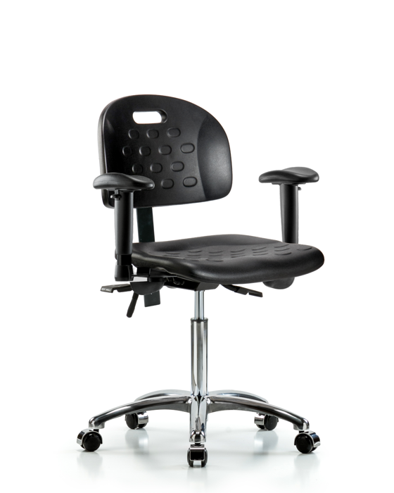 Blue Ridge Ergonomics HPMBCH-CR-T0-A1-NF-CC-BLK Newport Industrial Polyurethane Chair Chrome - Medium Bench Height with Adjustable Arms & Casters in Black Polyurethane