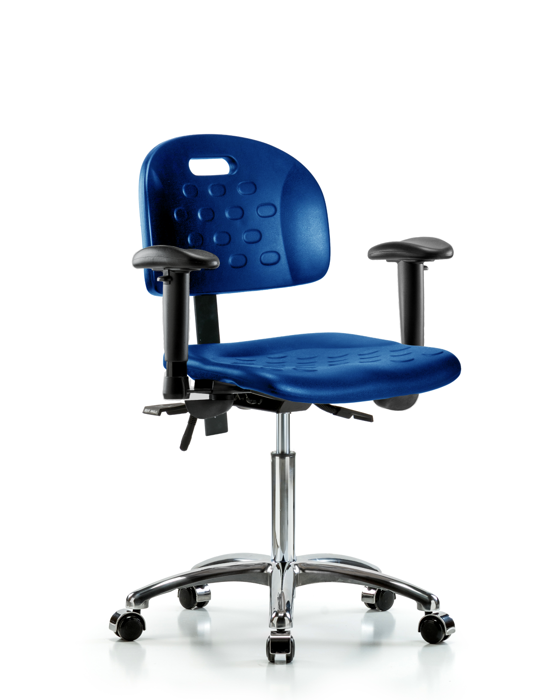 Blue Ridge Ergonomics HPMBCH-CR-T0-A1-NF-CC-BLU Newport Industrial Polyurethane Chair Chrome - Medium Bench Height with Adjustable Arms & Casters in Blue Polyurethane