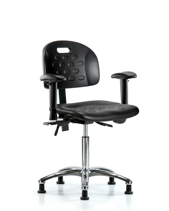 Blue Ridge Ergonomics HPMBCH-CR-T0-A1-NF-RG-BLK Newport Industrial Polyurethane Chair Chrome - Medium Bench Height with Adjustable Arms & Stationary Glides in Black Polyurethane