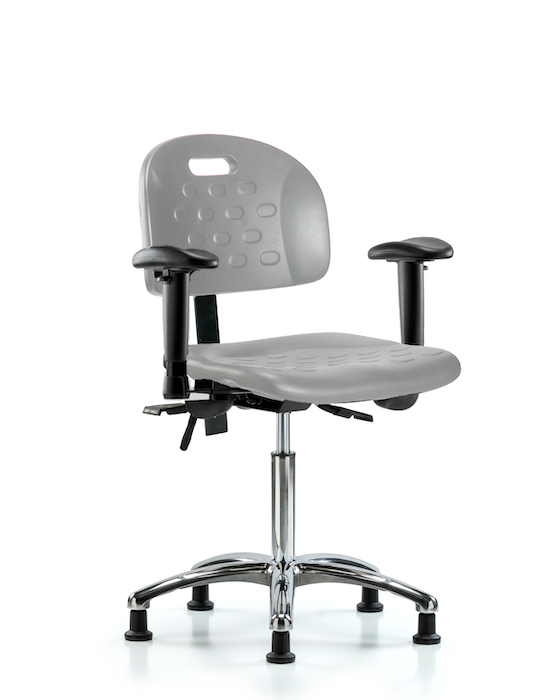 Blue Ridge Ergonomics HPMBCH-CR-T0-A1-NF-RG-GRY Newport Industrial Polyurethane Chair Chrome - Medium Bench Height with Adjustable Arms & Stationary Glides in Gray Polyurethane