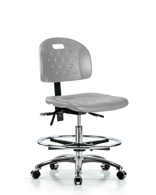 Blue Ridge Ergonomics HPMBCH-CR-T1-A0-CF-CC-GRY Newport Industrial Polyurethane Chair Chrome - Medium Bench Height with Seat Tilt, Chrome Foot Ring, & Casters in Gray Polyurethane