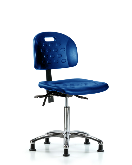 Blue Ridge Ergonomics HPMBCH-CR-T1-A0-NF-RG-BLU Newport Industrial Polyurethane Chair Chrome - Medium Bench Height with Seat Tilt & Stationary Glides in Blue Polyurethane