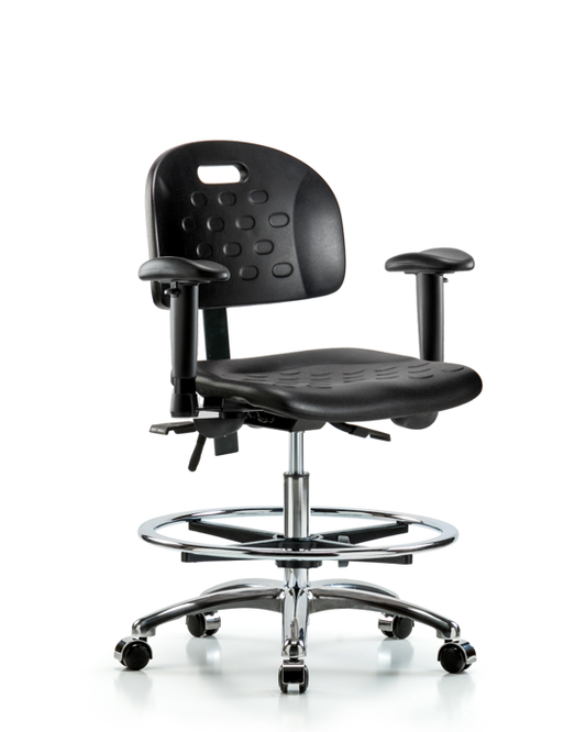 Blue Ridge Ergonomics HPMBCH-CR-T1-A1-CF-CC-BLK Newport Industrial Polyurethane Chair Chrome - Medium Bench Height with Seat Tilt, Adjustable Arms, Chrome Foot Ring, & Casters in Black Polyurethane