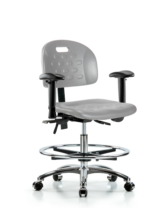 Blue Ridge Ergonomics HPMBCH-CR-T1-A1-CF-CC-GRY Newport Industrial Polyurethane Chair Chrome - Medium Bench Height with Seat Tilt, Adjustable Arms, Chrome Foot Ring, & Casters in Gray Polyurethane