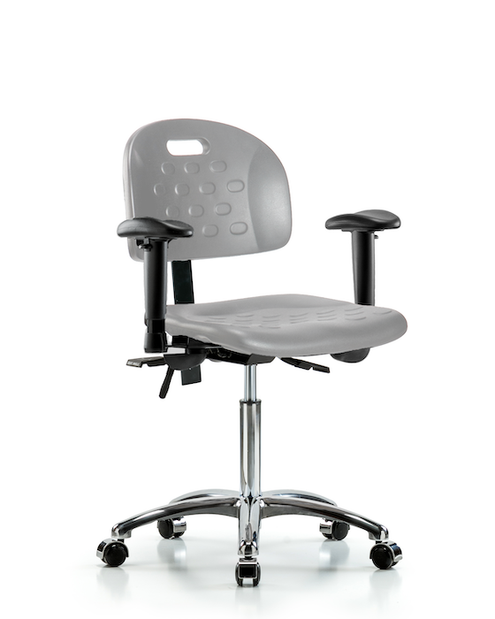 Blue Ridge Ergonomics HPMBCH-CR-T1-A1-NF-CC-GRY Newport Industrial Polyurethane Chair Chrome - Medium Bench Height with Seat Tilt, Adjustable Arms, & Casters in Gray Polyurethane