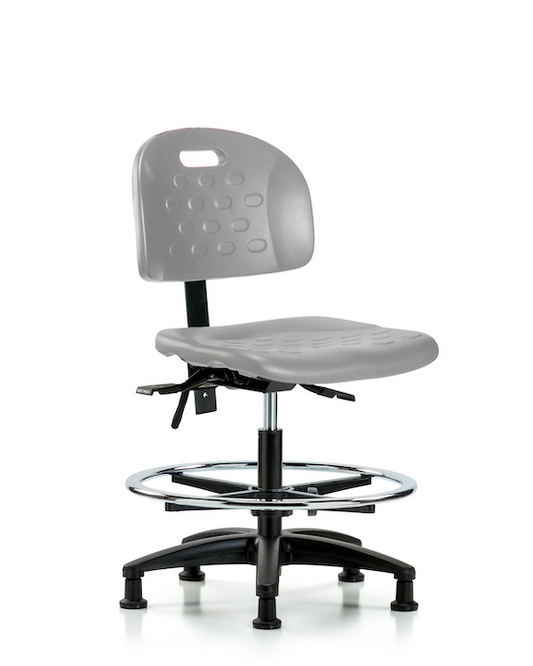 Blue Ridge Ergonomics HPMBCH-RG-T0-A0-CF-RG-GRY Newport Industrial Polyurethane Chair - Medium Bench Height with Chrome Foot Ring & Stationary Glides in Gray Polyurethane