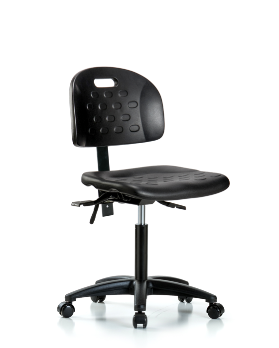 Blue Ridge Ergonomics HPMBCH-RG-T0-A0-NF-RC-BLK Newport Industrial Polyurethane Chair - Medium Bench Height with Casters in Black Polyurethane