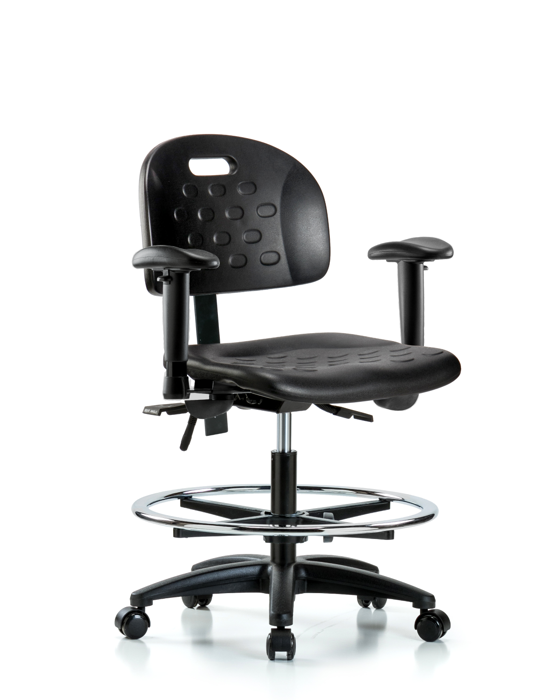 Blue Ridge Ergonomics HPMBCH-RG-T0-A1-CF-RC-BLK Newport Industrial Polyurethane Chair - Medium Bench Height with Adjustable Arms, Chrome Foot Ring, & Casters in Black Polyurethane