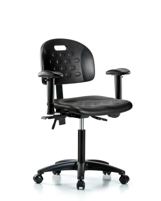 Blue Ridge Ergonomics HPMBCH-RG-T0-A1-NF-RC-BLK Newport Industrial Polyurethane Chair - Medium Bench Height with Adjustable Arms & Casters in Black Polyurethane