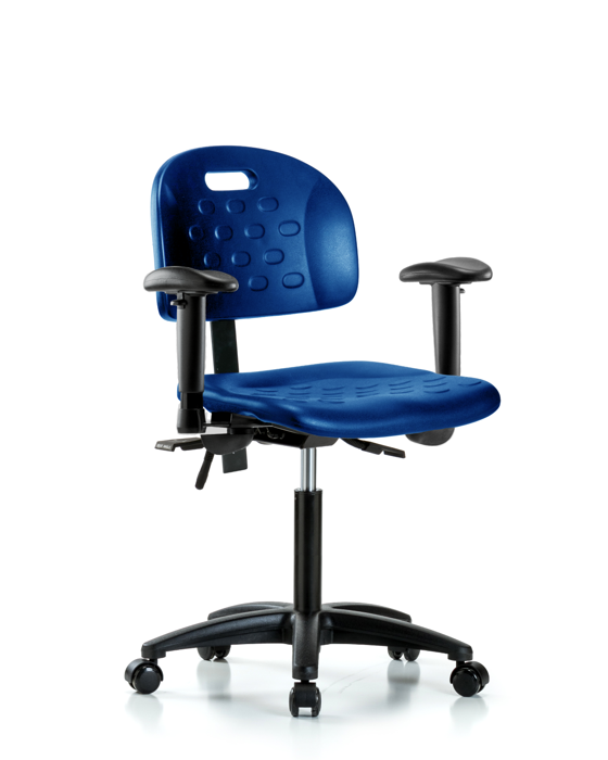 Blue Ridge Ergonomics HPMBCH-RG-T0-A1-NF-RC-BLU Newport Industrial Polyurethane Chair - Medium Bench Height with Adjustable Arms & Casters in Blue Polyurethane