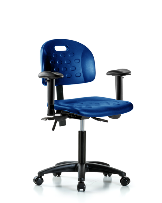 Blue Ridge Ergonomics HPMBCH-RG-T0-A1-NF-RC-BLU Newport Industrial Polyurethane Chair - Medium Bench Height with Adjustable Arms & Casters in Blue Polyurethane