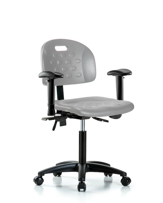 Blue Ridge Ergonomics HPMBCH-RG-T0-A1-NF-RC-GRY Newport Industrial Polyurethane Chair - Medium Bench Height with Adjustable Arms & Casters in Gray Polyurethane