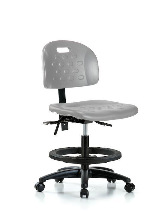 Blue Ridge Ergonomics HPMBCH-RG-T1-A0-BF-RC-GRY Newport Industrial Polyurethane Chair - Medium Bench Height with Seat Tilt, Black Foot Ring, & Casters in Gray Polyurethane