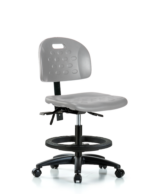 Blue Ridge Ergonomics HPMBCH-RG-T1-A0-BF-RC-GRY Newport Industrial Polyurethane Chair - Medium Bench Height with Seat Tilt, Black Foot Ring, & Casters in Gray Polyurethane