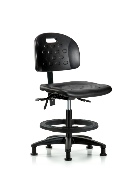 Blue Ridge Ergonomics HPMBCH-RG-T1-A0-BF-RG-BLK Newport Industrial Polyurethane Chair - Medium Bench Height with Seat Tilt, Black Foot Ring, & Stationary Glides in Black Polyurethane