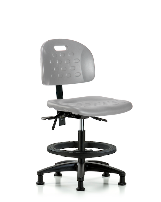 Blue Ridge Ergonomics HPMBCH-RG-T1-A0-BF-RG-GRY Newport Industrial Polyurethane Chair - Medium Bench Height with Seat Tilt, Black Foot Ring, & Stationary Glides in Gray Polyurethane
