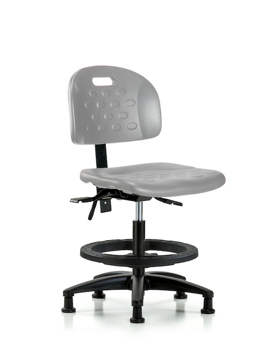 Blue Ridge Ergonomics HPMBCH-RG-T1-A0-BF-RG-GRY Newport Industrial Polyurethane Chair - Medium Bench Height with Seat Tilt, Black Foot Ring, & Stationary Glides in Gray Polyurethane
