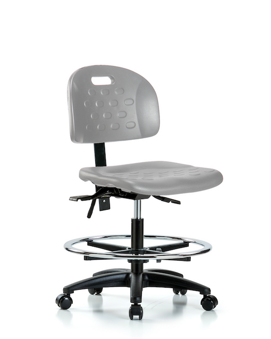 Blue Ridge Ergonomics HPMBCH-RG-T1-A0-CF-RC-GRY Newport Industrial Polyurethane Chair - Medium Bench Height with Seat Tilt, Chrome Foot Ring, & Casters in Gray Polyurethane