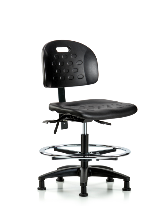 Blue Ridge Ergonomics HPMBCH-RG-T1-A0-CF-RG-BLK Newport Industrial Polyurethane Chair - Medium Bench Height with Seat Tilt, Chrome Foot Ring, & Stationary Glides in Black Polyurethane