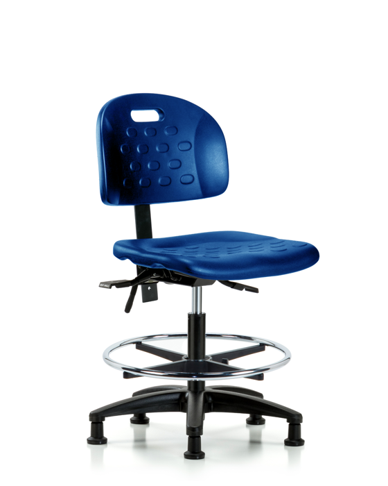 Blue Ridge Ergonomics HPMBCH-RG-T1-A0-CF-RG-BLU Newport Industrial Polyurethane Chair - Medium Bench Height with Seat Tilt, Chrome Foot Ring, & Stationary Glides in Blue Polyurethane
