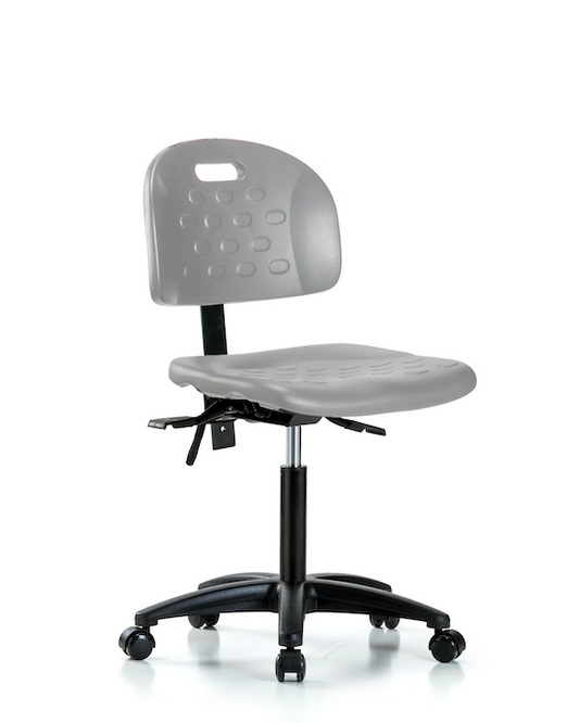 Blue Ridge Ergonomics HPMBCH-RG-T1-A0-NF-RC-GRY Newport Industrial Polyurethane Chair - Medium Bench Height with Seat Tilt & Casters in Gray Polyurethane