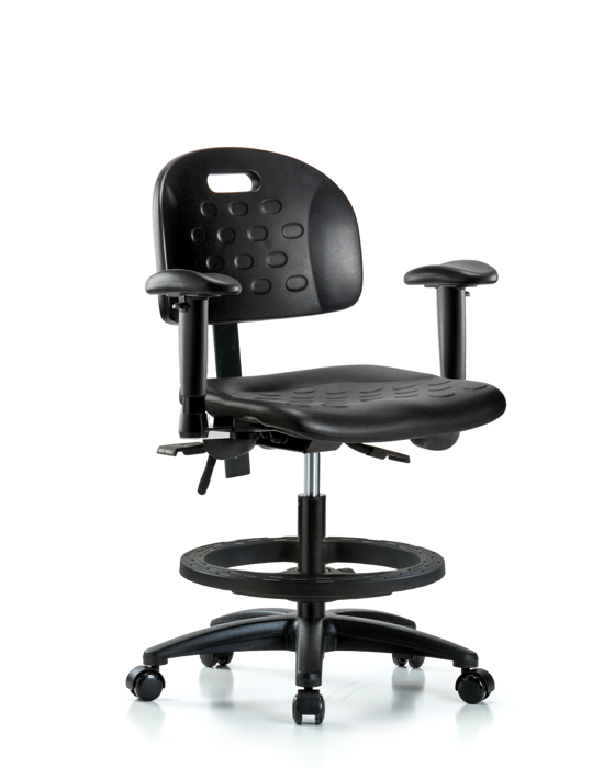 Blue Ridge Ergonomics HPMBCH-RG-T1-A1-BF-RC-BLK Newport Industrial Polyurethane Chair - Medium Bench Height with Seat Tilt, Adjustable Arms, Black Foot Ring, & Casters in Black Polyurethane