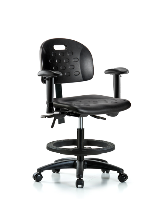 Blue Ridge Ergonomics HPMBCH-RG-T1-A1-BF-RC-BLK Newport Industrial Polyurethane Chair - Medium Bench Height with Seat Tilt, Adjustable Arms, Black Foot Ring, & Casters in Black Polyurethane