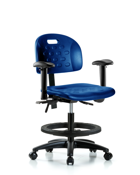 Blue Ridge Ergonomics HPMBCH-RG-T1-A1-BF-RC-BLU Newport Industrial Polyurethane Chair - Medium Bench Height with Seat Tilt, Adjustable Arms, Black Foot Ring, & Casters in Blue Polyurethane