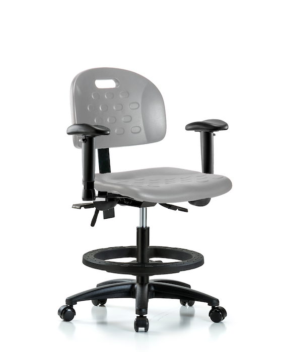 Blue Ridge Ergonomics HPMBCH-RG-T1-A1-BF-RC-GRY Newport Industrial Polyurethane Chair - Medium Bench Height with Seat Tilt, Adjustable Arms, Black Foot Ring, & Casters in Gray Polyurethane