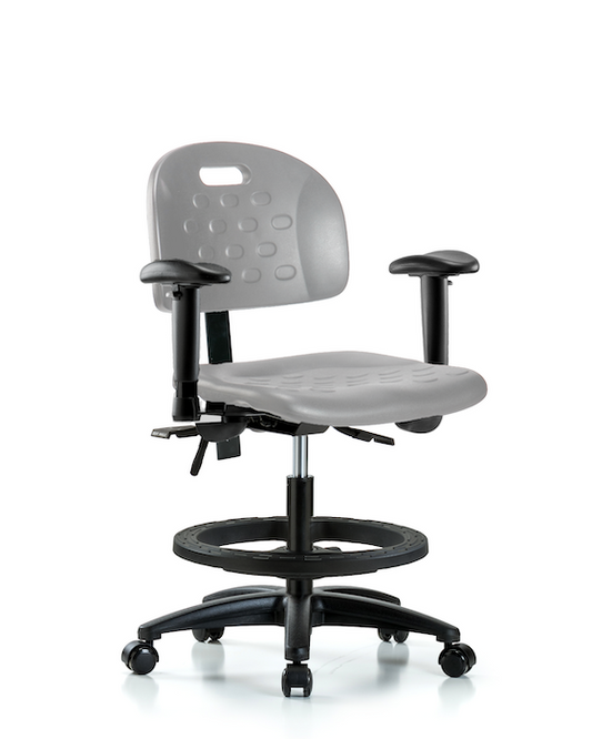 Blue Ridge Ergonomics HPMBCH-RG-T1-A1-BF-RC-GRY Newport Industrial Polyurethane Chair - Medium Bench Height with Seat Tilt, Adjustable Arms, Black Foot Ring, & Casters in Gray Polyurethane