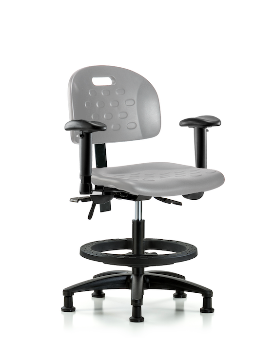 Blue Ridge Ergonomics HPMBCH-RG-T1-A1-BF-RG-GRY Newport Industrial Polyurethane Chair - Medium Bench Height with Seat Tilt, Adjustable Arms, Black Foot Ring, & Stationary Glides in Gray Polyurethane