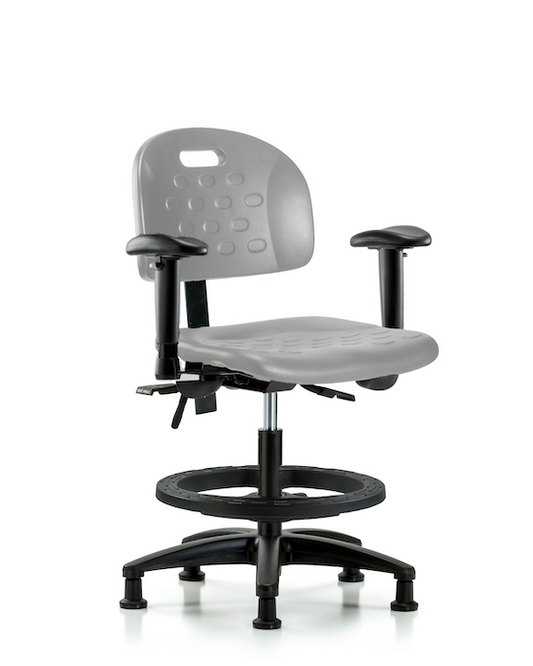 Blue Ridge Ergonomics HPMBCH-RG-T1-A1-BF-RG-GRY Newport Industrial Polyurethane Chair - Medium Bench Height with Seat Tilt, Adjustable Arms, Black Foot Ring, & Stationary Glides in Gray Polyurethane