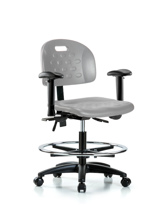 Blue Ridge Ergonomics HPMBCH-RG-T1-A1-CF-RC-GRY Newport Industrial Polyurethane Chair - Medium Bench Height with Seat Tilt, Adjustable Arms, Chrome Foot Ring, & Casters in Gray Polyurethane